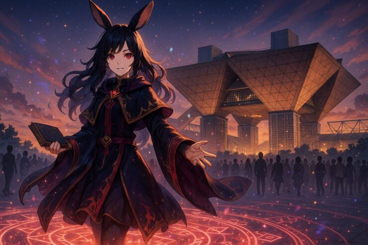 魔法陣の光とともにビッグサイト前に降り立つ魔王