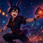 宙を跳ねる青年の魔王がゲームの祭りを宣言する、横長の幻想ビジュアル