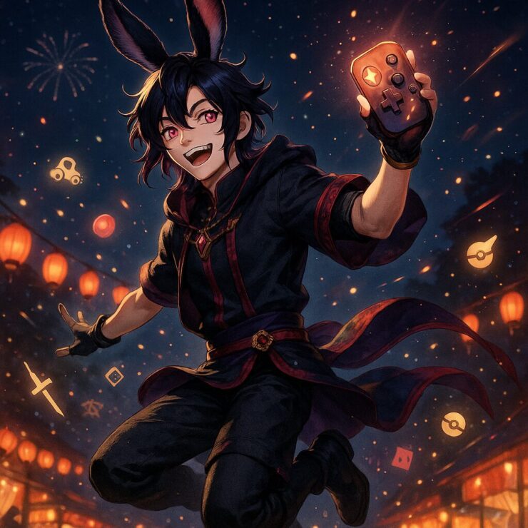 跳ねる魔王が夜の祝祭広場で笑っている、幻想的な挿絵