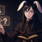 魔導書と選択肢の光を前に読者を導く、中性的な魔王のビジュアル