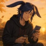 夕焼けのベンチで古いゲーム機を手に微笑む魔王の青年