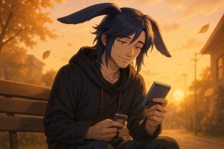 夕焼けのベンチで古いゲーム機を手に微笑む魔王の青年