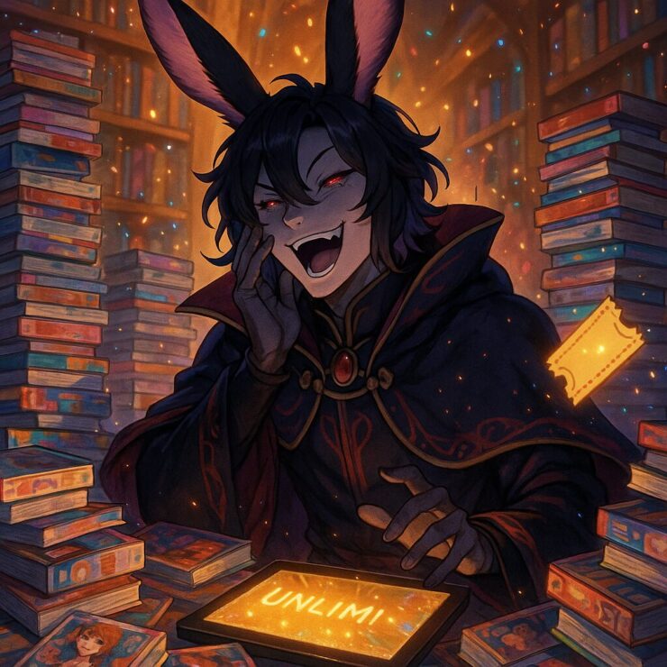 A rabbit-eared demon lord laughing amid piles of comic books, enjoying digital reading with magical flair.