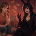 推し活に疲れた女性と、それを愉快に見つめる中性的な魔王（祝祭の魔力をまとう）／散らばるグッズと舞う紙幣が幻想空間を彩る