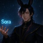 魔王が黒と紫の儀礼衣を纏い、星空の下で“Sora”の光を掲げる構図。幻想的な夜空と粒子に包まれた、Sora2特集用の横長アイキャッチ。 A male demon king stands beneath a starry sky, holding a glowing "Sora" logo. His robe glimmers with gold accents, surrounded by floating particles.
