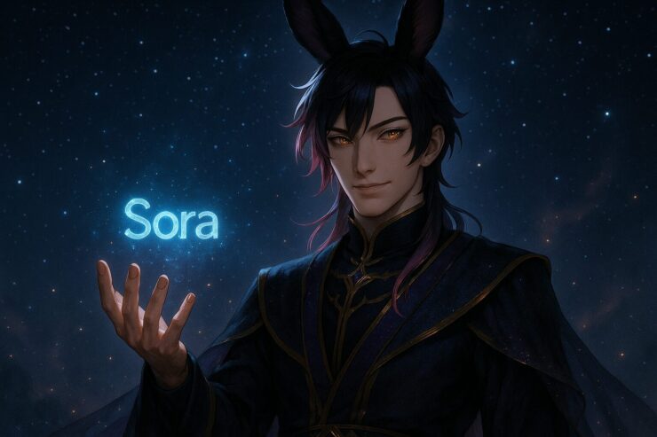 魔王が黒と紫の儀礼衣を纏い、星空の下で“Sora”の光を掲げる構図。幻想的な夜空と粒子に包まれた、Sora2特集用の横長アイキャッチ。 A male demon king stands beneath a starry sky, holding a glowing "Sora" logo. His robe glimmers with gold accents, surrounded by floating particles.