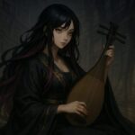 無限城の奥深く、琵琶を奏でる魔王（女体化ver.）。黒紫とフューシャの髪が揺れる中、静寂の支配が広がる構図。耳を隠し、感情で支配する王の姿。 A female Maoh plays the biwa in the endless palace. Her black-violet and fuchsia hair glows in golden haze, embodying silent control.