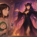 部屋に広がった幻想のステージで、魔王が祝福のように両手を広げる。ぬいやアクスタを手に笑う女性の姿は、推し活の“意味”ではなく“喜び”に浸る瞬間を描く。 In a fantasy-lit room turned into a stage, a demon queen opens her arms wide in celebration as a young woman smiles with her plush and acrylic standee — the joy of fandom without justification.