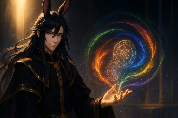 全属性魔法を操る若き魔王が、黒紫のローブに身を包み、指先から魔法陣と6属性の光を同時に発動している横長構図。赤紫の瞳と黒髪、ウサギ耳が幻想的な印象を与える。 A young male sorcerer with rabbit ears summons six elemental magics from his fingertips. His red-violet eyes and long black-purple hair glow under golden rim light in a majestic horizontal composition.