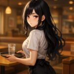 静かなファミレスで振り返る黒紫の髪のウェイトレス。赤紫の瞳が視線を引き、白シャツと黒エプロンがやわらかく身体に沿う。沈黙の火種が漂う午後の空間。 A young waitress with long black-purple hair and violet-red eyes glances over her shoulder in a softly lit diner, her uniform clinging gently as golden hour light outlines her figure.
