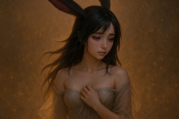 “推し活に意味はない”と否定されて傷ついた表情の女性魔王。赤紫の瞳とフューシャ色のうさぎ耳を持ち、胸元を握りしめながら淡い光の中に佇んでいる。 A girl with fuchsia-tipped rabbit ears and tearful red-violet eyes stands in golden haze, holding her chest silently.