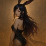 長い黒紫髪とフューシャ色のうさぎ耳を持つウィメンズ魔王が、背中越しにこちらを見つめる。 バニー衣装と腰布ヴェールに金の光が揺れ、微笑みの奥に静かな包容と距離感を漂わせている。 She glances softly over her shoulder, her black-purple hair and magenta-tipped rabbit ears glowing in golden light, wrapped in a sheer veil.