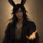 黒紫の長髪とフューシャのうさぎ耳をもつ中性的な青年魔王が、微笑を浮かべながら右手を差し出している。 優しさと支配が混ざるまなざしが、依存と安心の狭間にいる者を静かに包む。 A gentle rabbit-eared male figure extends his hand with a soft smile, his red-violet eyes expressing quiet strength and calm support.