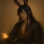 黒紫の長髪とフューシャのうさぎ耳を持つ青年魔王が、静かに座りながら手のひらに金色の光るコインを乗せている。 柔らかな微笑と粒子が浮かぶ空気層が、節度ある優しさと未来への希望を描く。 A serene young man with long black-purple hair and magenta-tipped rabbit ears sits calmly, holding a glowing coin in his palm amid golden haze.