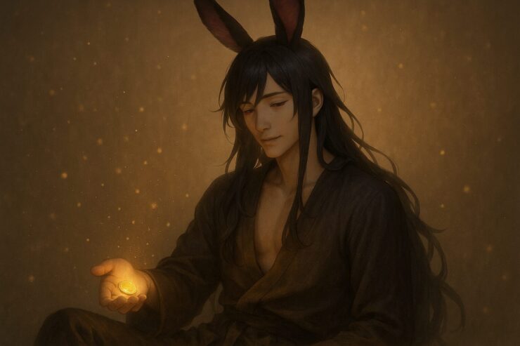 黒紫の長髪とフューシャのうさぎ耳を持つ青年魔王が、静かに座りながら手のひらに金色の光るコインを乗せている。 柔らかな微笑と粒子が浮かぶ空気層が、節度ある優しさと未来への希望を描く。 A serene young man with long black-purple hair and magenta-tipped rabbit ears sits calmly, holding a glowing coin in his palm amid golden haze.