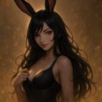 黒紫の長髪とうさぎ耳をもつ魔王が、誘惑を含んだ微笑みとともに胸元の布を指でつまんでいる。 Cling構文の布に光が集まり、背徳と魅力のはざまで罪悪感を誘うような構図。 A rabbit-eared woman with long black-purple hair teases her neckline, golden light clinging to her fabric as she smirks with seductive poise.
