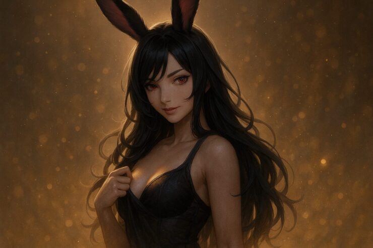 黒紫の長髪とうさぎ耳をもつ魔王が、誘惑を含んだ微笑みとともに胸元の布を指でつまんでいる。 Cling構文の布に光が集まり、背徳と魅力のはざまで罪悪感を誘うような構図。 A rabbit-eared woman with long black-purple hair teases her neckline, golden light clinging to her fabric as she smirks with seductive poise.
