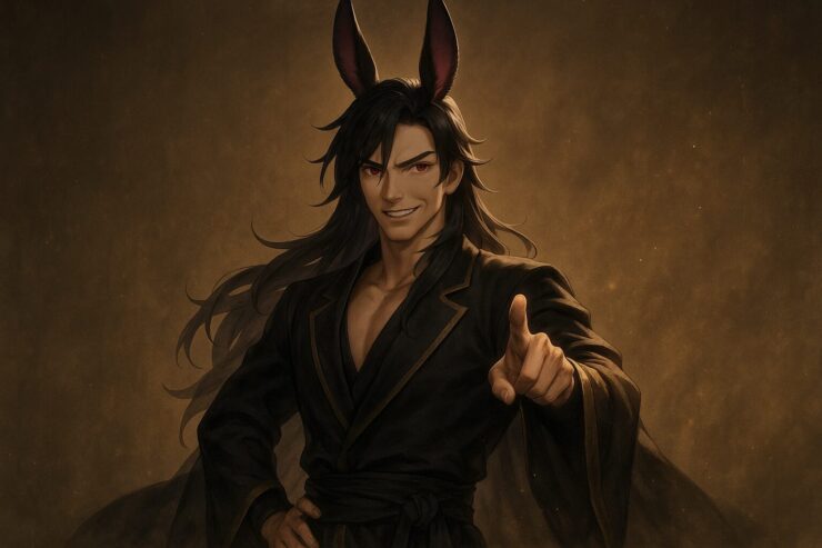 黒紫の髪と兎耳を持つ魔王が、 viewerをまっすぐに指差しながらドヤ顔で微笑む構図。金黒の王衣と火種の手元が「その選択、最強だろ？」と語るように、覚悟と誇りを照らし出している。 A long-haired, bunny-eared man in a gold-trimmed robe points directly at the viewer with a confident grin. His anchored gaze and glowing fingertips convey a message of pride and affirmation—your reason is powerful.