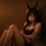 黒紫の髪とフューシャの兎耳を持つ女性が、夕闇の中、膝を抱えて座り込み、うつむきながら穏やかに微笑んでいる。包むような布と柔らかな光が、罪悪感に寄り添う優しさと静かな肯定を表現している。 A young woman with black-purple hair and fuchsia-tipped rabbit ears sits with her knees drawn close, softly smiling with downcast eyes. The golden light and veil around her evoke a quiet warmth and a tender response to self-doubt.