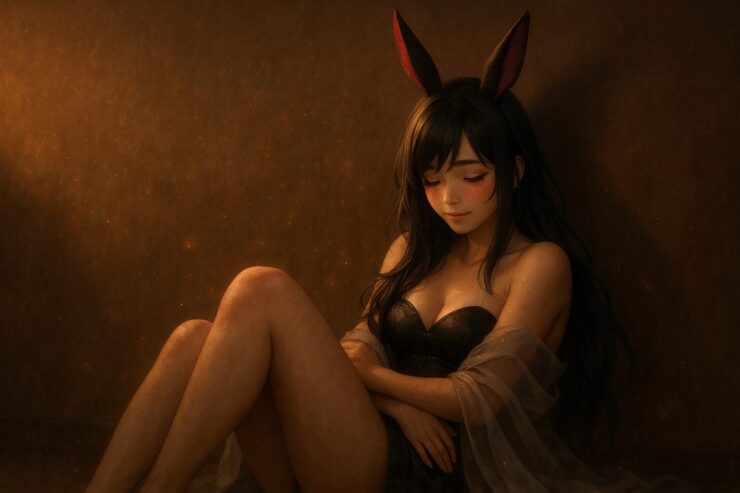 黒紫の髪とフューシャの兎耳を持つ女性が、夕闇の中、膝を抱えて座り込み、うつむきながら穏やかに微笑んでいる。包むような布と柔らかな光が、罪悪感に寄り添う優しさと静かな肯定を表現している。 A young woman with black-purple hair and fuchsia-tipped rabbit ears sits with her knees drawn close, softly smiling with downcast eyes. The golden light and veil around her evoke a quiet warmth and a tender response to self-doubt.