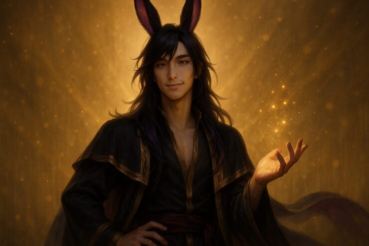 柔らかな金色の光の中、黒紫の長髪とフューシャの兎耳を持つ青年が、優しく微笑みながら掌に黄金の火種粒を灯している。視線と手元が繋がるように配置された構図が、導きと安心を象徴する。 A young man with long black-purple hair and fuchsia-tipped rabbit ears gently smiles under golden light, raising his hand to summon fireseed particles. His anchored gaze and open palm express reassurance and invitation.