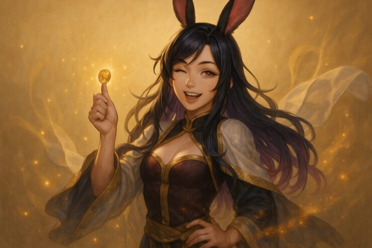 黒紫の髪と兎耳を持つ魔王が、金色に光るコインを指先に乗せ、ウィンクしながら笑みを浮かべている。布が風に舞う中、明るく軽やかな空気が「節約も楽しんでいい」と語りかける。 A bunny-eared woman with black-purple hair winks playfully, holding a glowing golden coin between her fingers. Her fluttering robe and bright smile convey a message of cheerful wisdom—saving money can be empowering.
