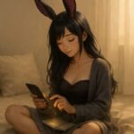 黒紫の髪とフューシャの兎耳を持つ魔王が、スマホを見つめながら膝上に広げたノートに指先で触れ、光る火種を宿している。柔らかな布と光に包まれ、静かに“積立”を始める優しい一瞬を切り取った。 A bunny-eared girl with black-purple hair smiles softly while looking at her smartphone, her fingers glowing above a notebook resting on her lap. Surrounded by warm light and soft cushions, she radiates a calm, intentional energy—the quiet beginning of something meaningful.