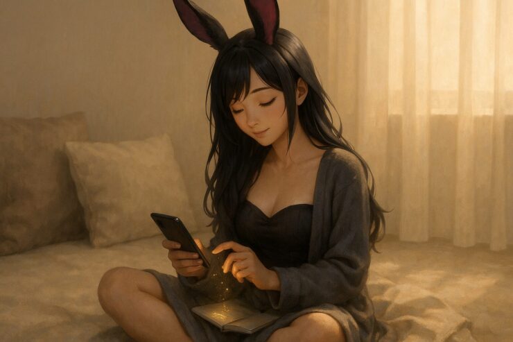 黒紫の髪とフューシャの兎耳を持つ魔王が、スマホを見つめながら膝上に広げたノートに指先で触れ、光る火種を宿している。柔らかな布と光に包まれ、静かに“積立”を始める優しい一瞬を切り取った。 A bunny-eared girl with black-purple hair smiles softly while looking at her smartphone, her fingers glowing above a notebook resting on her lap. Surrounded by warm light and soft cushions, she radiates a calm, intentional energy—the quiet beginning of something meaningful.