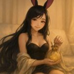 黒紫の長髪とフューシャの兎耳を持つ魔王が、微笑みながら布製の貯金袋を大切そうに手に抱えている。柔らかなソファと光の中で、未来への火種を包むような優しさと肯定が漂う。 A young woman with long black-purple hair and fuchsia-tipped rabbit ears smiles gently while holding a golden cloth pouch. Seated in a softly lit room, her warm gaze and delicate posture evoke comfort, care, and the quiet strength of saving for what matters.