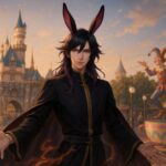 テーマパーク風の幻想的な街並みで楽しそうに歩く魔王。カラフルな建物と光に包まれ、重厚さと遊び心が共存する横長ビジュアル。 A demon king enjoying a fantasy theme park-like town, surrounded by colorful architecture and glowing lights, blending dark dignity with playful joy in a wide cinematic composition.