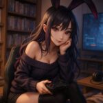 ウィメンズ魔王がゲームコントローラーを手にオフショルダーの黒ニットで微笑む 夜のオタク部屋でゲームに囲まれたバニーイヤーの魔王の横長アイキャッチ cozy otaku gaming room with bunny eared demon girl relaxing on a gaming chair holding a controller