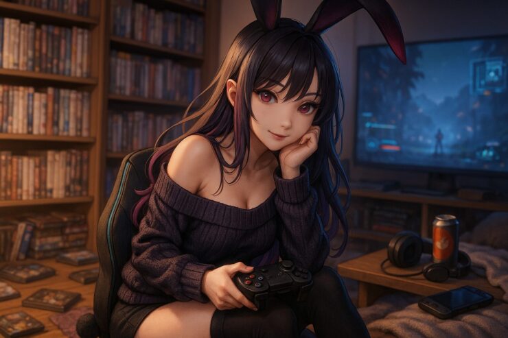 ウィメンズ魔王がゲームコントローラーを手にオフショルダーの黒ニットで微笑む 夜のオタク部屋でゲームに囲まれたバニーイヤーの魔王の横長アイキャッチ cozy otaku gaming room with bunny eared demon girl relaxing on a gaming chair holding a controller