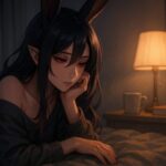 ベッドの上で頬に手を添えながら物思いにふける黒紫の長髪と兎耳を持つ女性魔王が 暖かいスタンドライトに照らされて静かな夜の余韻に浸っているイラスト A young female demon king with long black purple hair and rabbit like ears lying on a bed, resting her cheek on her hand and gazing down in quiet afterglow, lit by a warm bedside lamp in a calm night bedroom