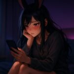 夜の薄暗い部屋でベッドに座り 膝を抱えながらスマホ画面を見つめる黒紫の長髪と兎耳を持つ女性魔王が 頬を赤く染めて切なげな表情を浮かべているイラスト Anime style illustration of a young female demon king with long black purple hair and rabbit ears sitting on a bed at night, cheeks flushed as she stares at her smartphone in a dim purple and blue lit room