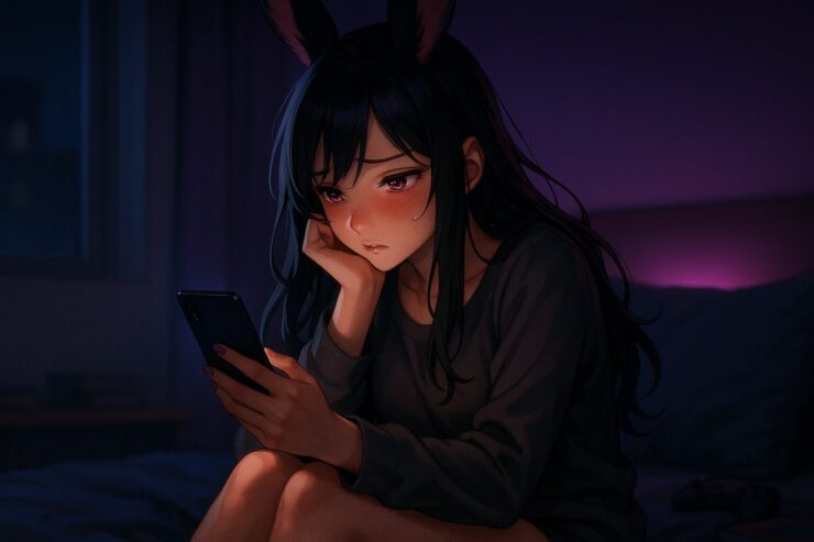 夜の薄暗い部屋でベッドに座り 膝を抱えながらスマホ画面を見つめる黒紫の長髪と兎耳を持つ女性魔王が 頬を赤く染めて切なげな表情を浮かべているイラスト Anime style illustration of a young female demon king with long black purple hair and rabbit ears sitting on a bed at night, cheeks flushed as she stares at her smartphone in a dim purple and blue lit room
