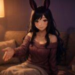 夜のリビングでベージュのソファに座る黒髪黒紫グラデの長髪と兎耳を持つウィメンズ魔王が 片手をこちらに差し出しながらオフショルダーのニットと膝掛けに包まれてやさしく微笑み 甘やかすような空気をまとっているセミリアルなアニメ風イラスト Semi realistic anime style illustration of a rabbit eared demon queen with long black purple hair sitting on a cozy sofa at night wearing a mauve off shoulder sweater and blanket over her lap reaching one hand toward the viewer with a warm indulging smile in soft lamp light