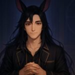 正面からこちらを見つめる黒紫の長髪と兎耳を持つ青年魔王が 手を胸の前で組み 穏やかな肯定のまなざしで微笑んでいるセミリアルなアニメ風イラスト Semi realistic anime style portrait of a young male demon king with long black purple hair and rabbit like ears, hands gently clasped in front of him as he looks straight at the viewer with a calm reassuring smile in a dim violet room