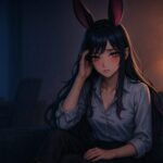 夜の部屋で黒紫の長い髪と大きな兎耳を持つウィメンズ魔王が ソファに座って片手でこめかみを押さえ 赤紫の瞳で疲れたようにこちらを見つめているセミリアルなアニメ風イラスト 背景には青白いモニター光と暖色のスタンドライトが対比している Semi realistic anime style illustration of a rabbit eared demon queen sitting on a dark sofa at night one hand on her temple and red violet eyes looking tired toward the viewer with cool blue light from a computer on the left and warm lamp light on the right