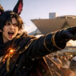 冬の朝の東京ビッグサイト前で、黒紫の長髪とうさ耳のメンズ魔王が建物を指さし叫ぶ横長ポートレート。A rabbit eared Maoh points at Tokyo Big Sight, shouting with warm morning light and breath haze.