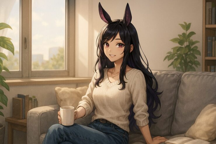 明るいリビングで黒紫の長い髪とウサギ耳を持つウィメンズ魔王が ベージュのニットとジーンズ姿でソファに腰掛け マグカップを手に柔らかくほほえみながら窓からの光に包まれているセミリアルなアニメ風イラスト 背後には観葉植物と本棚があり 回復後の穏やかな日常の空気が伝わる構図 Semi realistic anime style illustration of a rabbit eared demon queen sitting on a sofa in a bright living room wearing a light knit sweater and jeans holding a mug and smiling gently while warm daylight streams through the window with a plant and bookshelf in the background showing a peaceful everyday life