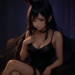 夜の部屋で黒紫の長い髪と黒いチョーカーをつけたウィメンズ魔王が 黒いキャミワンピ姿で一人ソファに座り 胸元のストラップを指でつまみながら視線を落として悩むような表情を浮かべているセミリアルなアニメ風イラスト Semi realistic anime style illustration of a rabbit eared demon queen with long black purple hair sitting alone on a dark sofa at night in a black camisole dress holding the strap near her chest and looking down with a conflicted thoughtful expression in soft warm and purple light