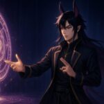 暗い部屋の中で黒紫の長い髪と角を持つメンズ魔王が 黒いローブ姿で右側に立ち 左側に浮かぶ円形の魔法陣に向かって指先を伸ばし 紫と金色の光の呪文を操っているセミリアルなアニメ風イラスト Semi realistic anime style illustration of a male demon king with long black purple hair and horns standing on the right side of a dark room reaching his hand toward a glowing purple and gold magic circle floating on the left while casting a spell in soft dramatic lighting