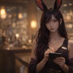 黒紫グラデのロングヘアと長い兎耳のウィメンズ魔王が、夜職の体験入店で緊張しながらオーダーパッドにペンを添える横長ポートレート。 A horizontal 16:9 portrait of Womens Maoh with long rabbit ears and black-purple gradient hair, looking slightly nervous during a trial shift at a Japanese hostess club while holding an order pad and pen.