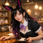 コンカフェのカウンターで注文メモを持ち、少し身を乗り出して接客するウィメンズ魔王。黒紫グラデ髪と長い兎耳が印象的な、初出勤の緊張と笑顔が混ざる横長ポートレート。 A horizontal portrait of womens Maoh working her first day at a Japanese concept cafe, leaning slightly over the counter with an order memo, featuring long black-to-purple gradient hair and elegant rabbit ears in warm, cinematic cafe lighting.
