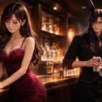 キャバクラのバーで緊張した表情の新人キャバ嬢を、少し離れた場所から静かに見守るバーテンダー姿の男性。夜の店内での体験入店初日の雰囲気を表現した横長ポートレート。 A horizontal portrait inside a Japanese cabaret club bar, showing a nervous beginner cabaret girl near the counter while a calm male bartender quietly watches over her from a distance, capturing the atmosphere of a first trial shift.