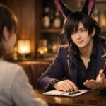 夜職初心者の女性と落ち着いた雰囲気で面接をするメンズ魔王のバーテンダー風面接官。静かなラウンジのカウンター席で、ノートを前に優しく話を聞きながら安全な働き方について説明しているシーン。 Calm job interview scene in a cozy Japanese lounge, with the rabbit-eared mens Maoh acting as a gentle interviewer, listening to a nightwork beginner across the table with a notebook open and warm lighting that feels safe and reassuring.