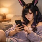 家のソファで部屋着のままスマホを操作し、夜職の仕事情報を探しているウィメンズ魔王。落ち着いた部屋の照明とリラックスした表情が、応募前の静かな検討時間を表している。 A women-version Maoh relaxing on a sofa at home, wearing casual loungewear and searching for night work opportunities on her smartphone, with warm lighting and a calm, thoughtful expression.