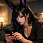 自宅のソファで、ウィメンズ魔王がスマホを高速操作している横長ポートレート。黒紫グラデの長波ヘアと長い兎耳、赤紫の瞳。室内の暖色光とスマホ画面の光が顔と手元を照らす。 Horizontal portrait of Women Maoh at home, rapidly operating a smartphone on a sofa. Long black-purple gradient wavy hair, elegant long rabbit ears, and red-violet eyes. Warm room light and screen glow illuminate her face and hands.