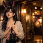夜の繁華街の店先で、黒紫のロングヘアとうさ耳カチューシャの若い女性がブラックバッグをぎゅっと握りしめ、初日の出勤前に目を閉じて深呼吸している横長ポートレート。暖色の看板と街のボケた光が、不安と覚悟が混ざった表情をやわらかく照らしている。 A horizontal photo-realistic portrait of a young woman with long black-purple hair and tall rabbit ears, standing in front of a nightlife shop entrance at night, eyes closed and gripping a black handbag as she takes a deep breath before her first shift, softly lit by warm shop lights and blurred city bokeh.