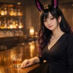 ラウンジで働くウィメンズ魔王。落ち着いた雰囲気の日本のラウンジで、上品な黒のドレスを着てカウンターに立つ女性の横長ポートレート。 A horizontal portrait of womens Maoh working at a Japanese lounge, wearing an elegant dark dress and standing calmly at the bar counter in a refined, warm-lit interior.